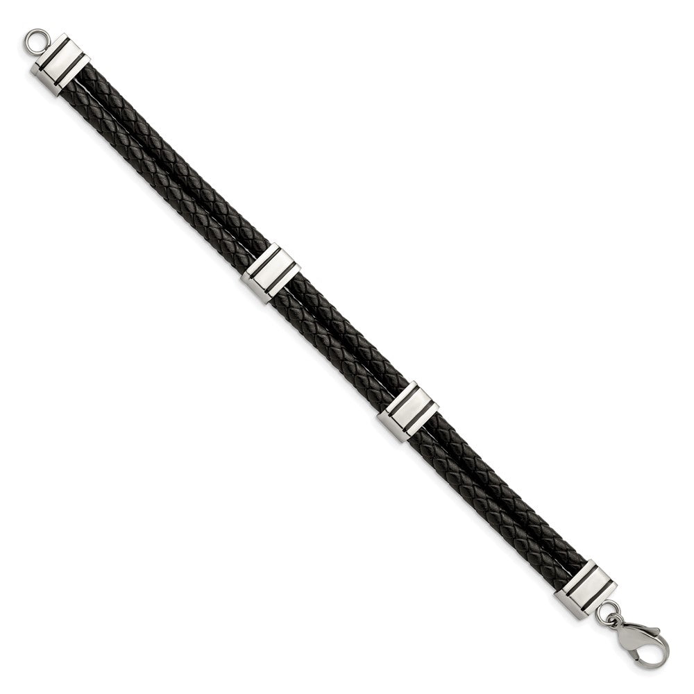 Stainless Steel Polished Braided Black Leather 9in Bracelet 9 inches