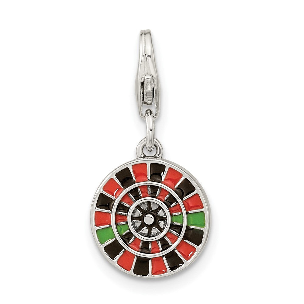 Amore La Vita Sterling Silver Rhodium-plated Polished Antiqued Enameled Reversible Las Vegas Roulette Charm with Fancy Lobster Clasp