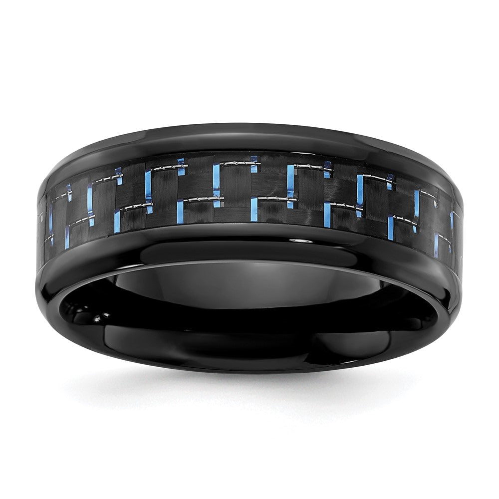 Black Titanium Polished with Black & Blue Carbon Fiber Inlay 8mm Band Size - 9