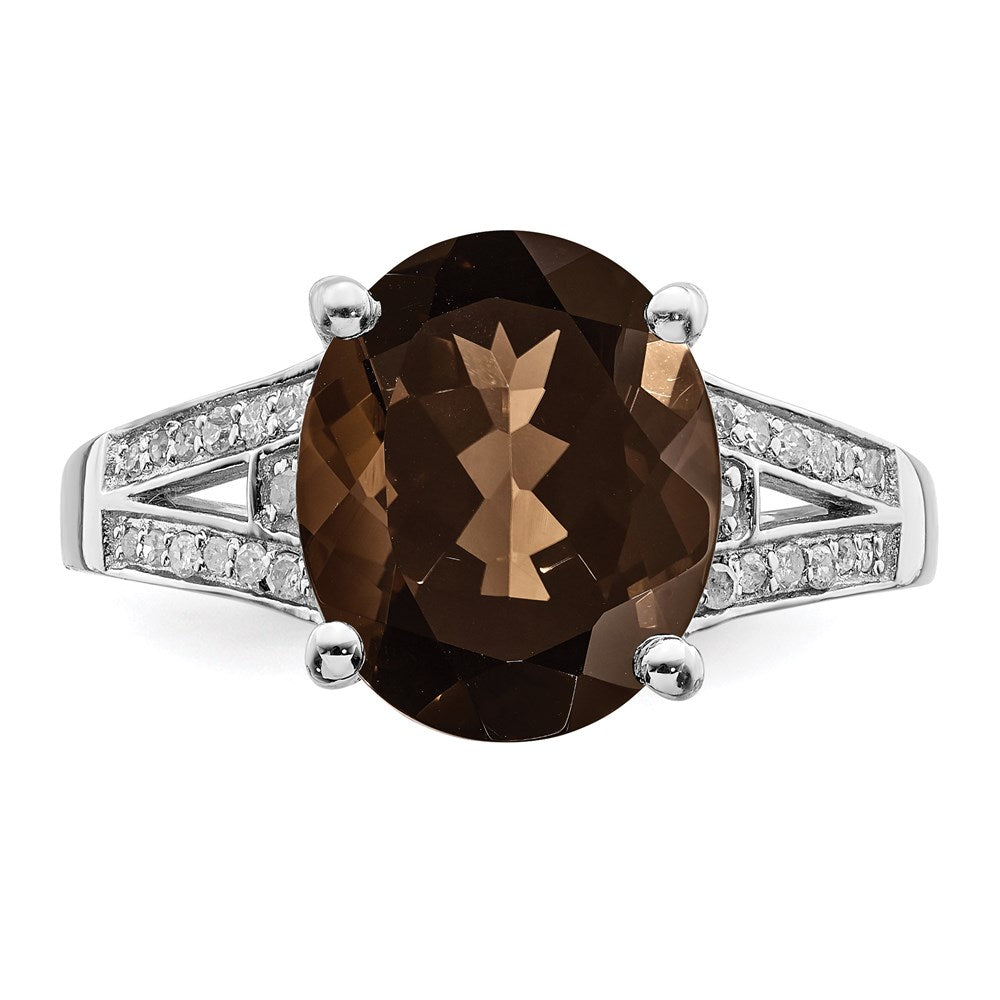 Sterling Silver Rhodium Oval Smoky Quartz & Diam. Ring