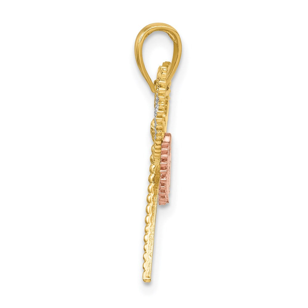 14k Two-tone White Rhodium Dragonfly w/Beaded Diamond-cut Wings Charm