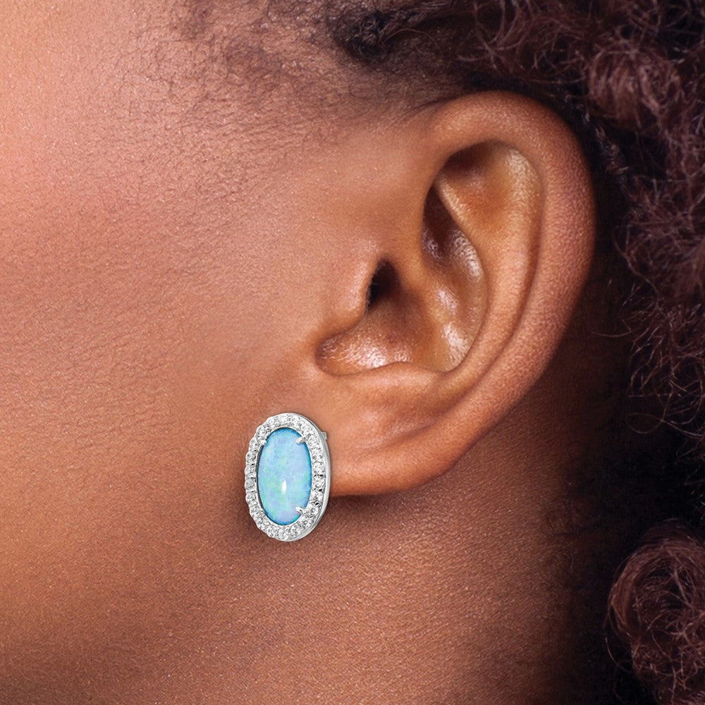 Sterling Silver Rhodium-plated CZ and Blue Glass Post Dangle Earrings