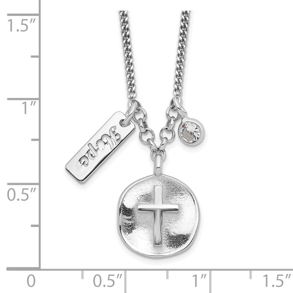 Sterling Silver Rhodium-plated Satin Cross/Hope/CZ w/1.5in Ext Necklace 16 Inches