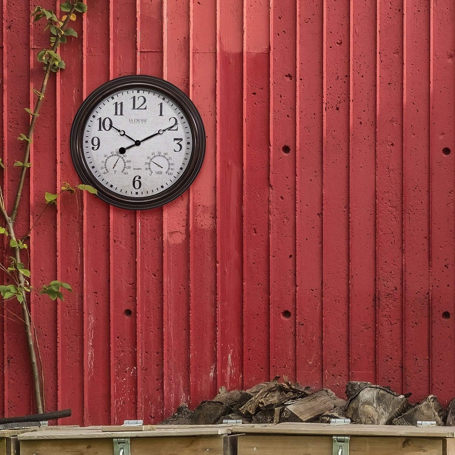 La Crosse Clock 15 Inch Indoor/Outdoor Quartz Analog Clock with Temperature and Humidity, 404-3015