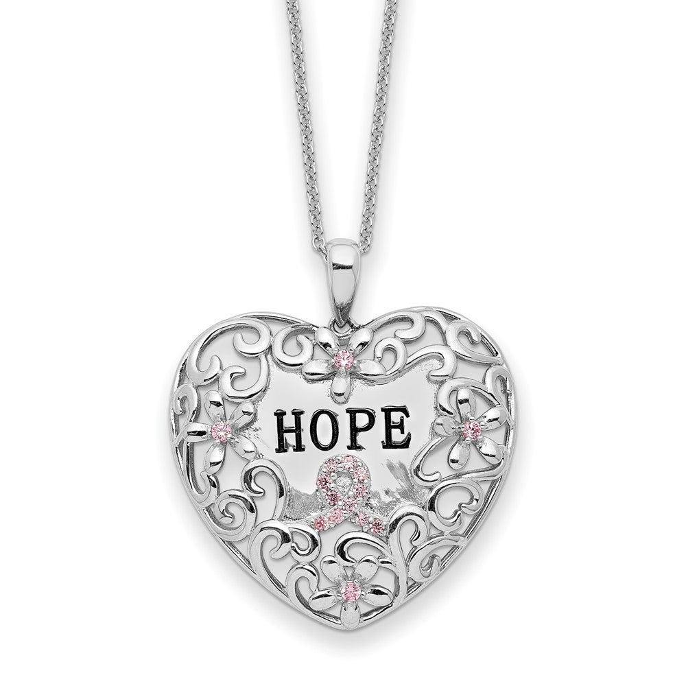 Sentimental Expressions Sterling Silver Rhodium-plated Pink CZ Breast Cancer Heart 18in Necklace 18 Inches