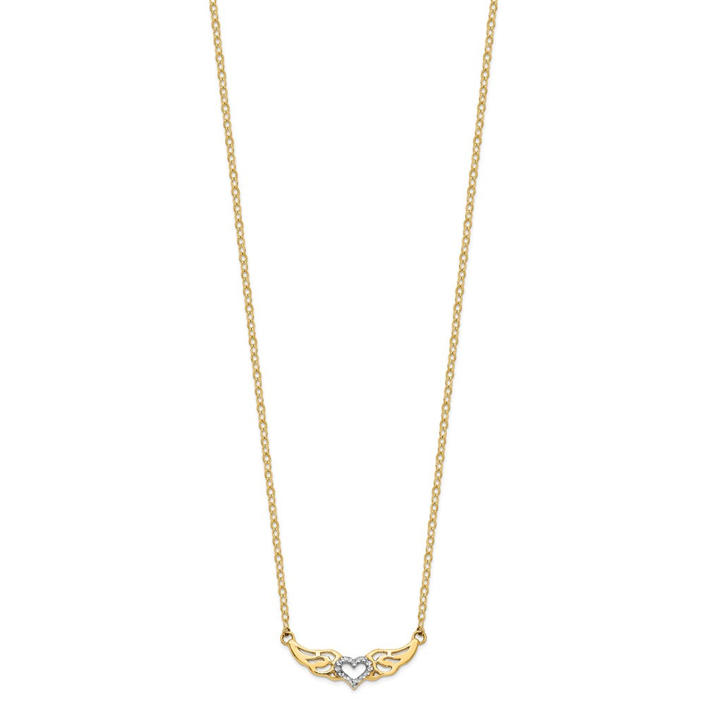14K w/White Rhodium D/C Wings with Heart Pendant Necklace