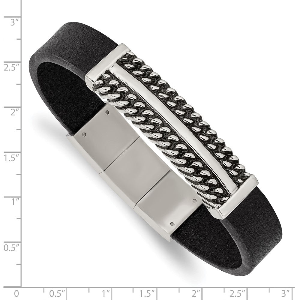 Stainless Steel Antiqued & Polished Black Leather w/.5in ext 8in Bracelet 8 inches