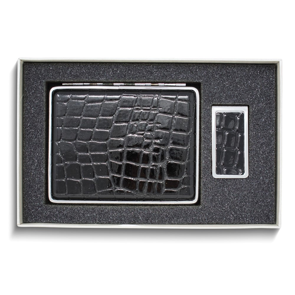 Croco Textured Black Leather Covered Money Clip/20-Cigarette Case Gift Set QGM22591