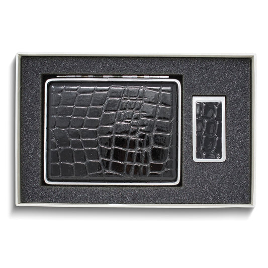 Croco Textured Black Leather Covered Money Clip/20-Cigarette Case Gift Set QGM22591