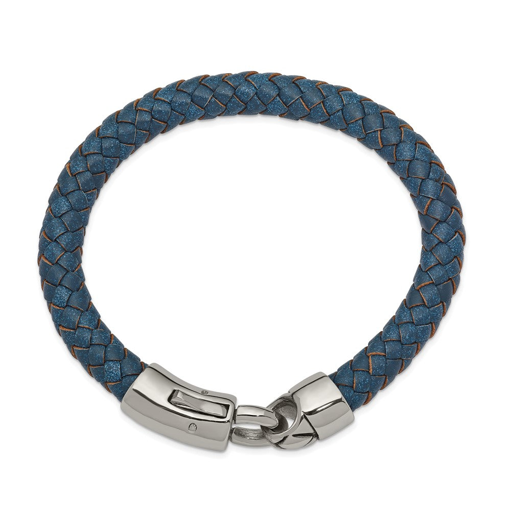Stainless Steel Antiqued and Polished Blue Leather 8.25in Bracelet 8.25 inches