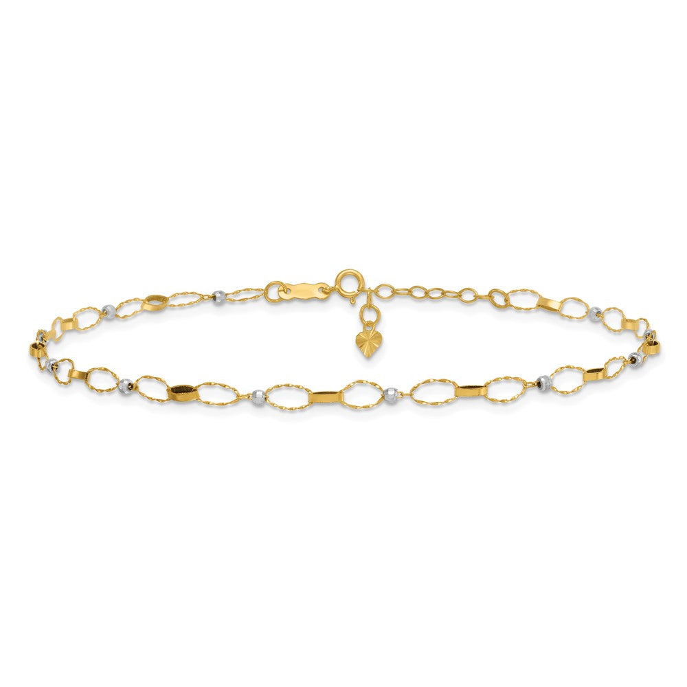 14k Two-tone Polished and Twisted Fancy Oval Links and Faceted Beads 9 inch Plus 1 inch Extension Anklet