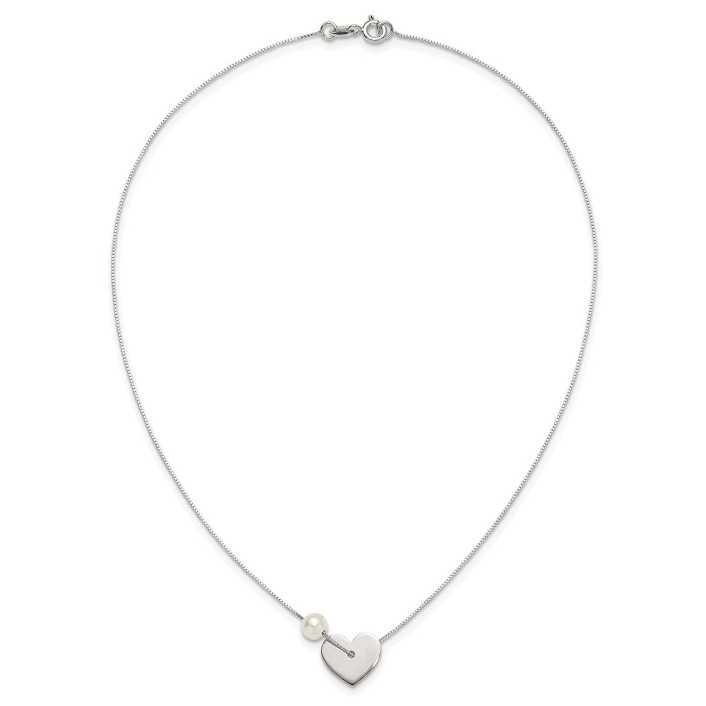 Sterling Silver Polished Glass Pearl Heart Necklace 16 Inches