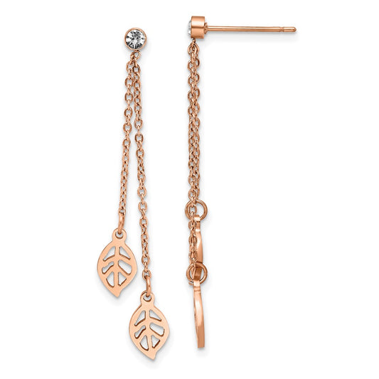 Stainless Steel Polished Rose IP-plated with CZ Leaf Post Dangle Earrings