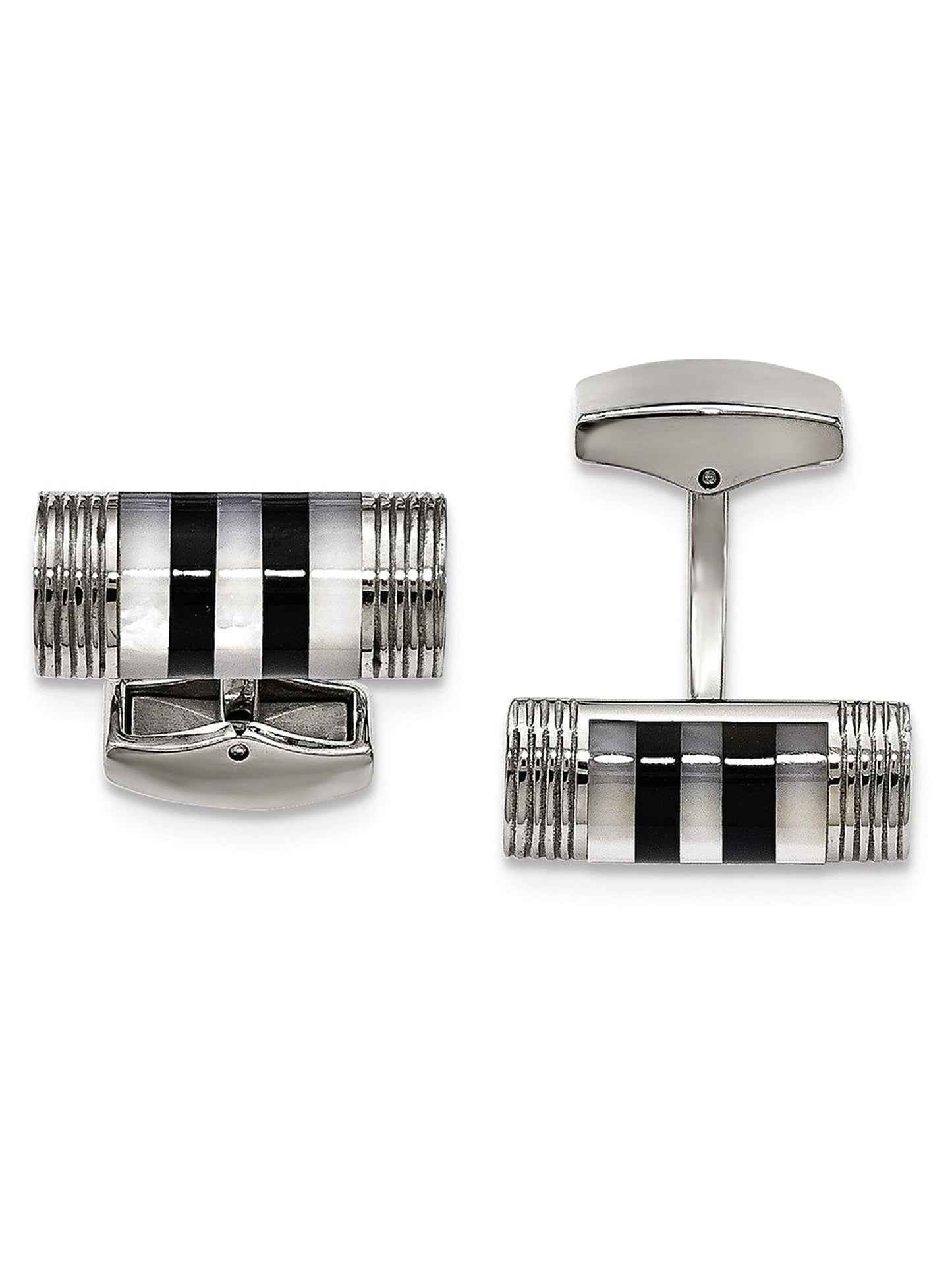 Stainless Steel Polished Mother of Pearl And Onyx Cuff Links