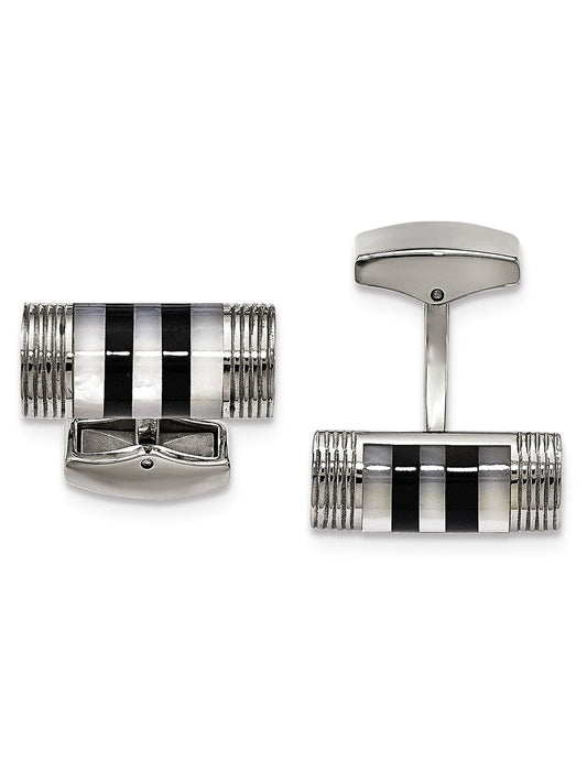 Stainless Steel Polished Mother of Pearl And Onyx Cuff Links