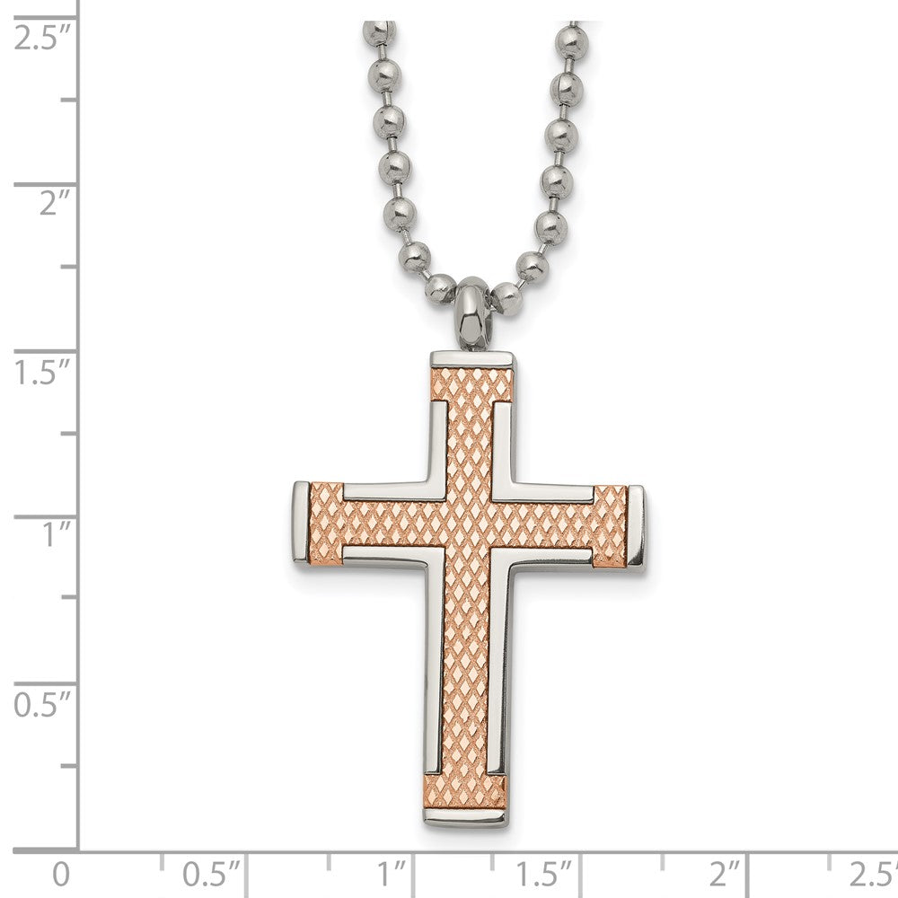 Titanium Polished Rose IP-plated Laser Cut Cross 22in Necklace
