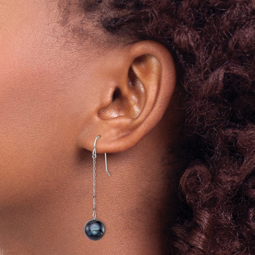 Sterling Silver Rhodium-plated 9-10mm Black Round Freshwater Cultured Pearl Dangle Earrings