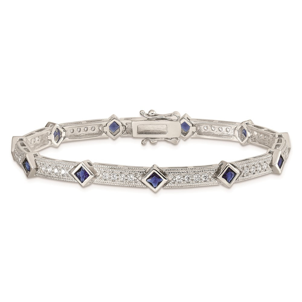 Sterling Silver Rhodium-plated Blue Glass and CZ 7.25 inch Bracelet 7.25 inches