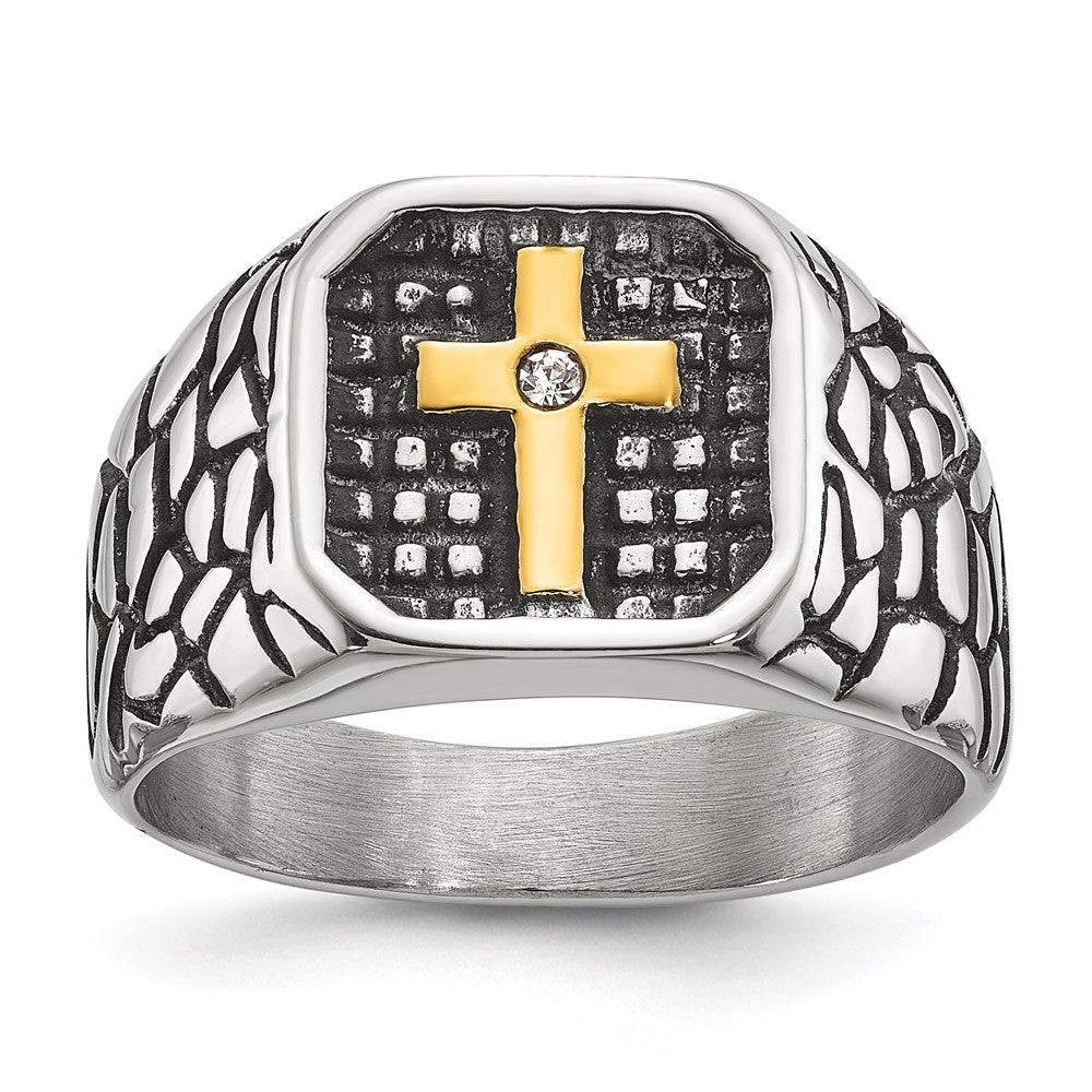 Chisel Stainless Steel Antiqued and Polished Yellow IP-plated with CZ Cross Signet Ring Size - 9