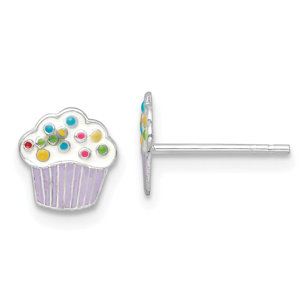 Sterling Silver Rhodium-plated Polished Multi-color Enameled Cupcake Children's Post Earrings