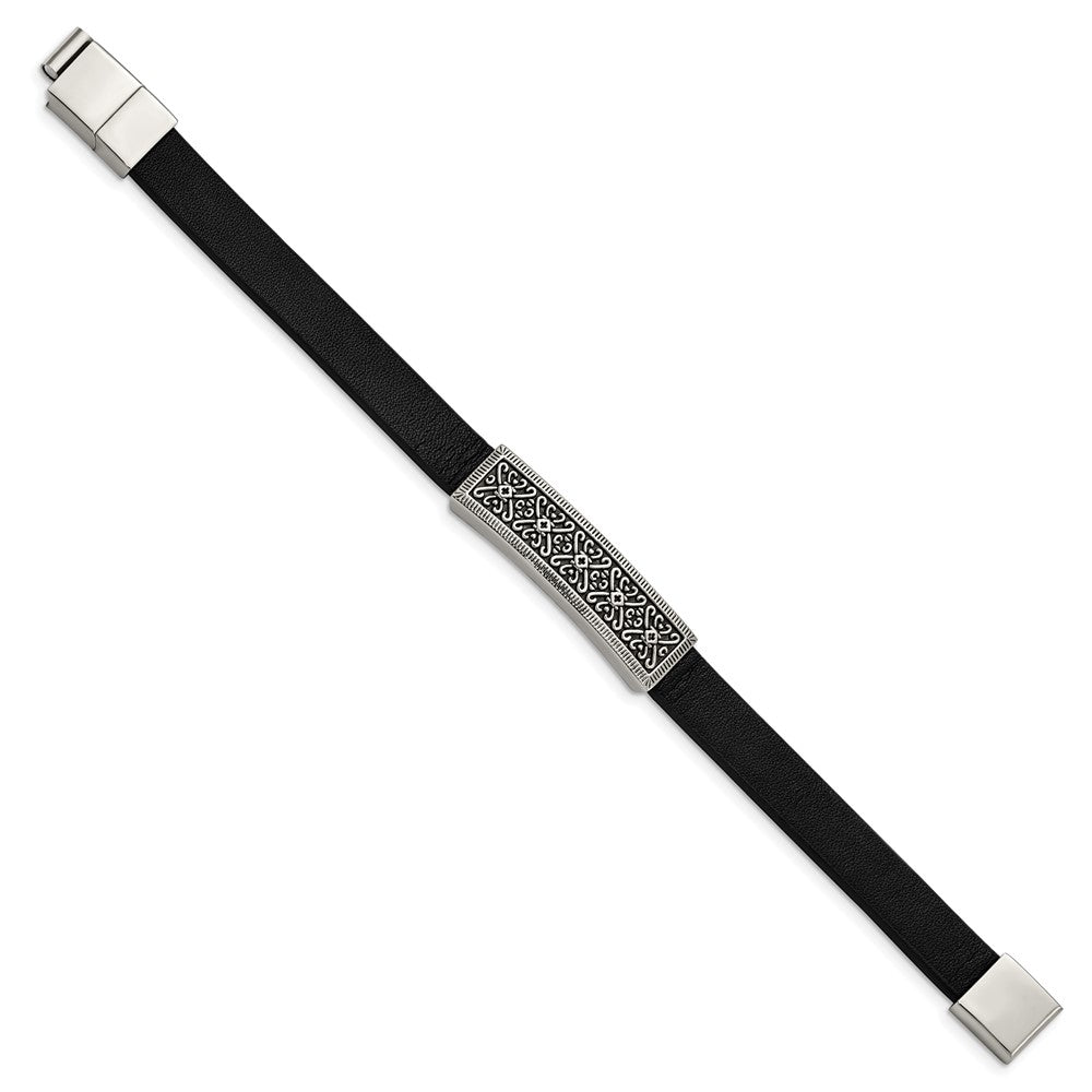 Stainless Steel Antiqued & Polished Black Leather w/.5in ext 8in Bracelet