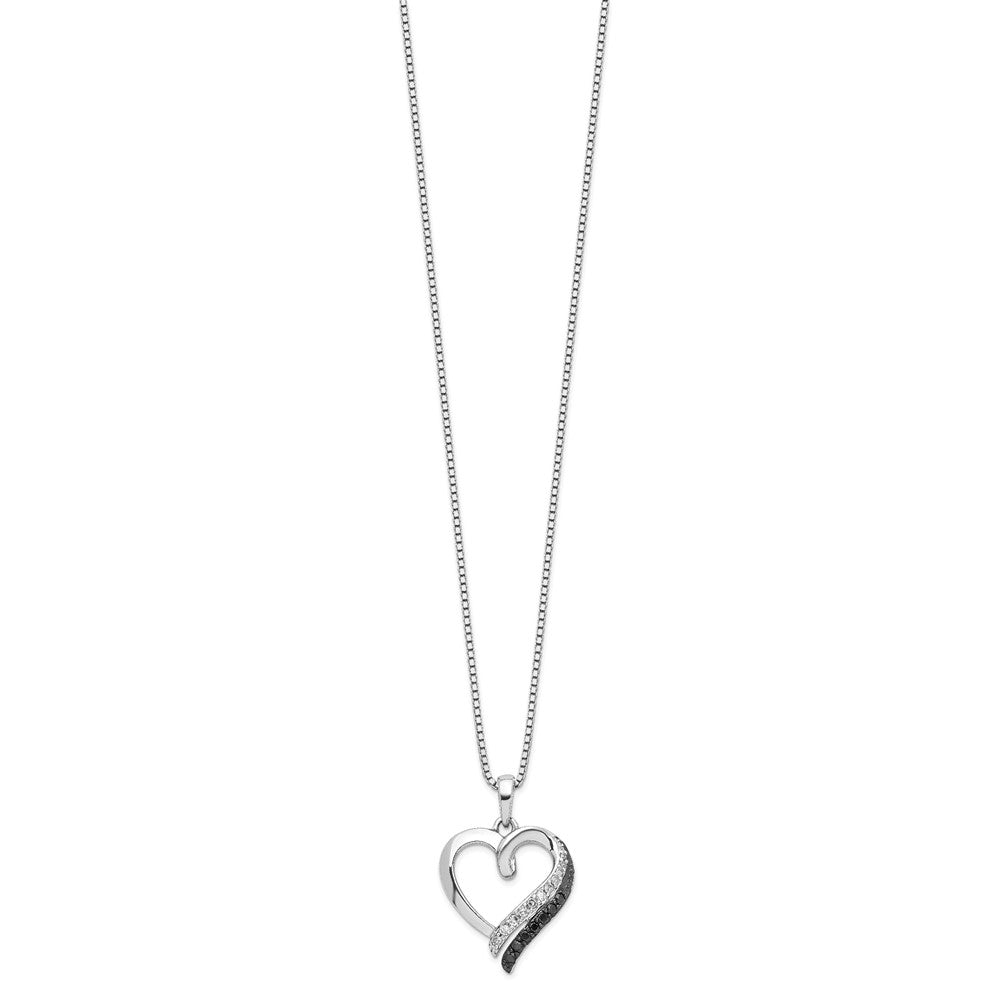 White Night Sterling Silver Rhodium-plated Black and White Diamond Heart Necklace with 2 Inch Extender 18 Inches
