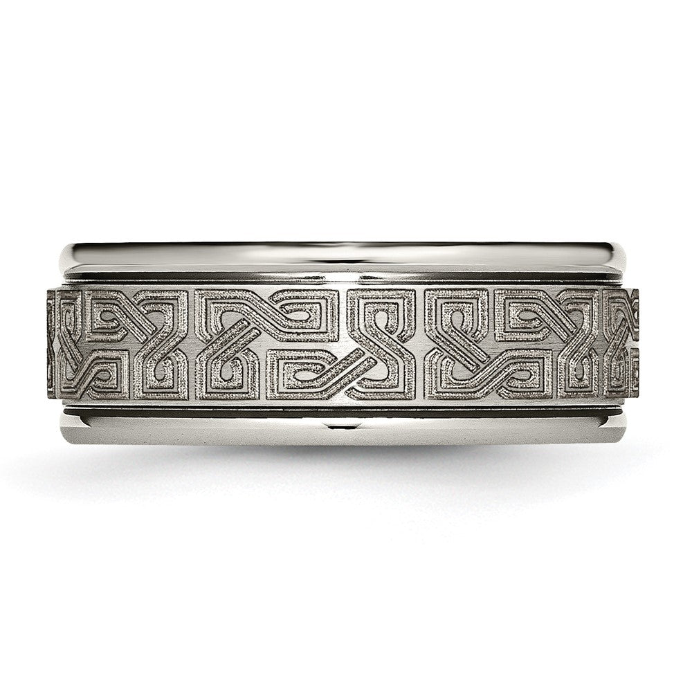 Titanium Brushed & Polished Laser Design 8mm Ridged Edge Band Size - 7.5