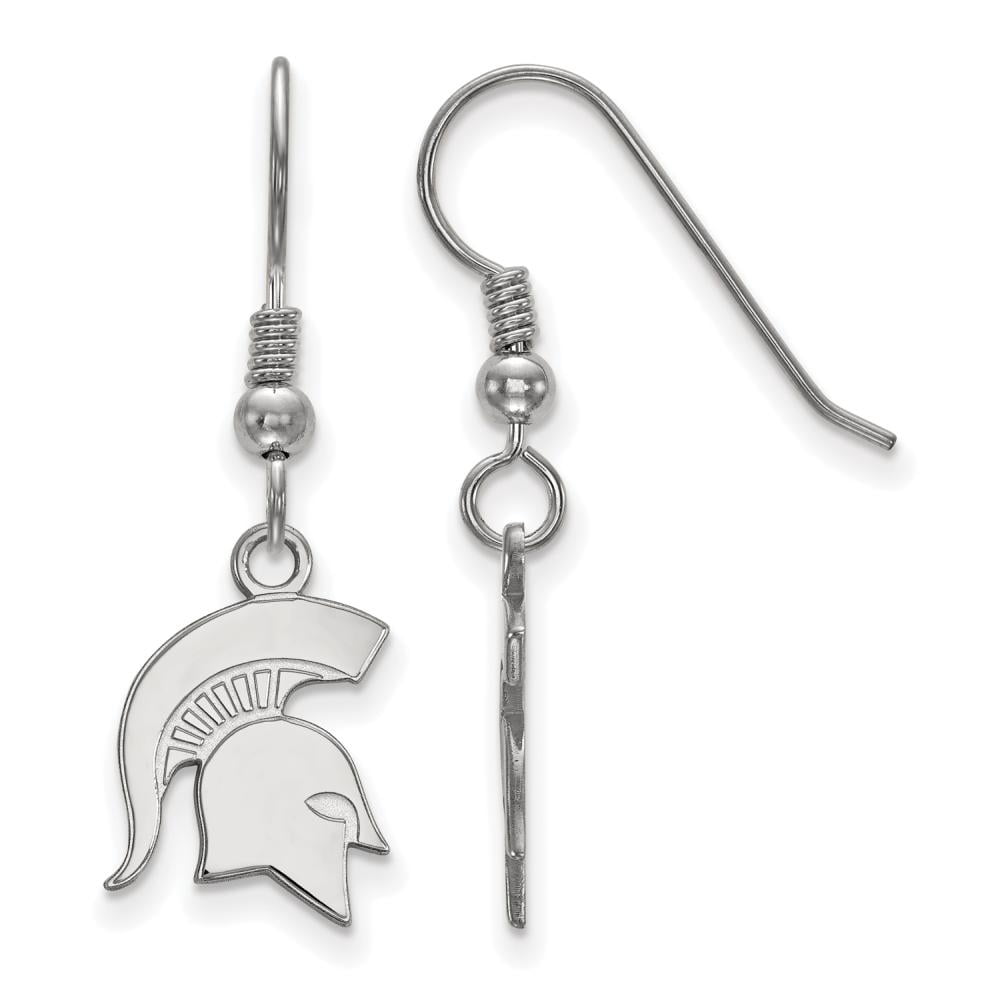 Sterling Silver Rhodium-plated LogoArt Michigan State University Spartan Small Dangle Wire Earrings Q-SS049MIS