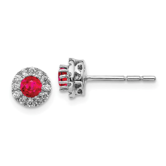 14k White Gold Diamond and Ruby Halo Post Earrings