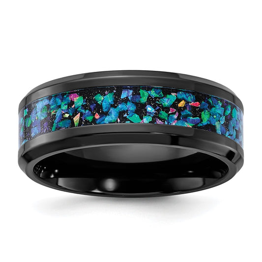 Black Zirconium Polished with Imitation Opal Inlay 8mm Band Size - 8.5