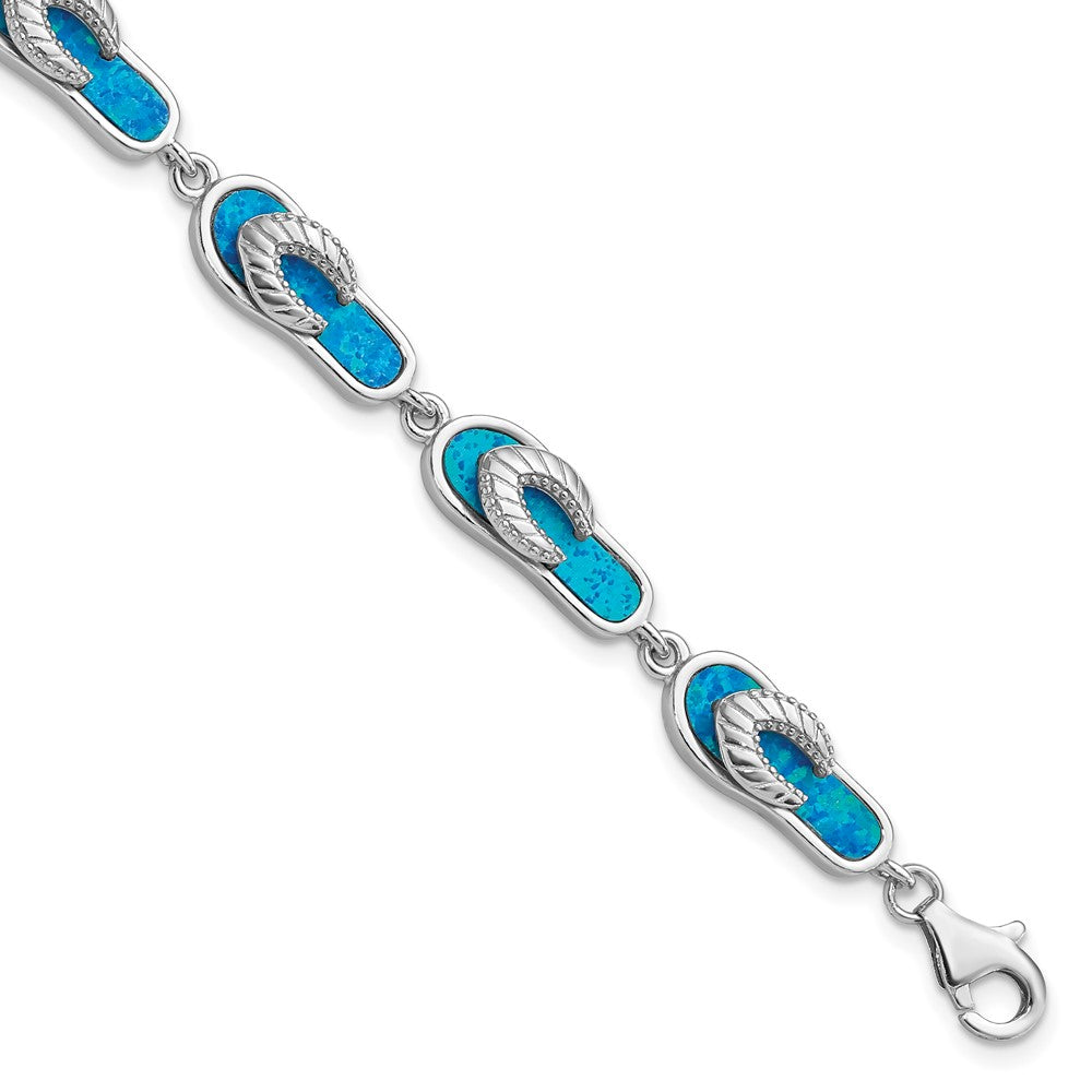Sterling Silver Rhodium-plated 7in Created Blue Opal Inlay Sandal Bracelet 7 inches