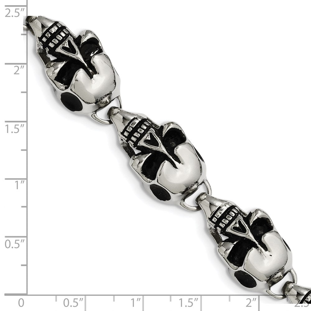 Stainless Steel Antiqued and Polished Skulls 8.5in Bracelet 8.5 inches