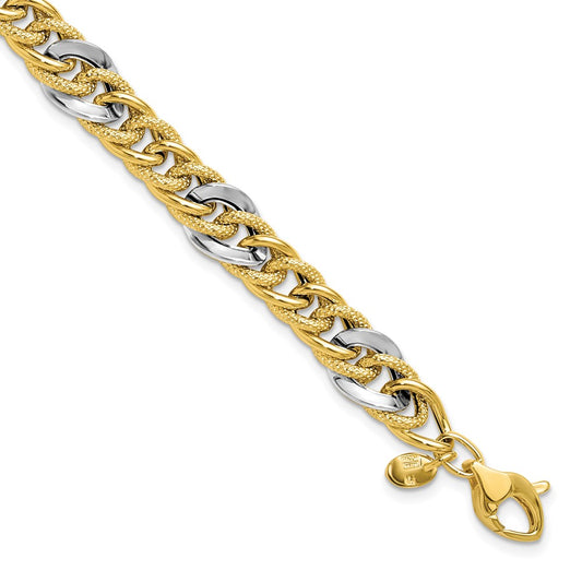 14K Two-tone Polished and Textured Fancy Link Bracelet 7.5  inches
