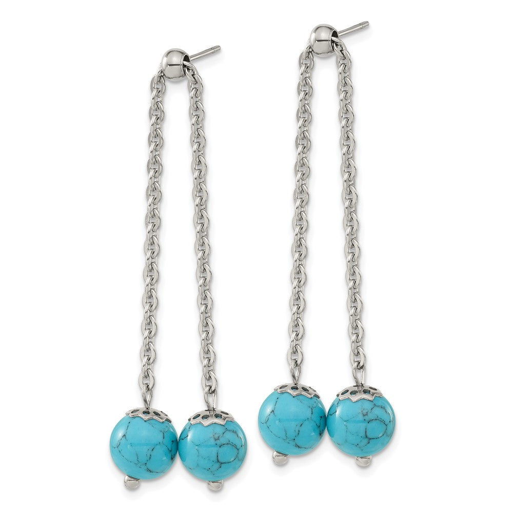 Stainless Steel Polished w/Syn. Turquoise Moveable Dangle Post Earrings