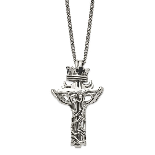 Stainless Steel Polished Enameled Crown/2 piece Cross 22in Necklace