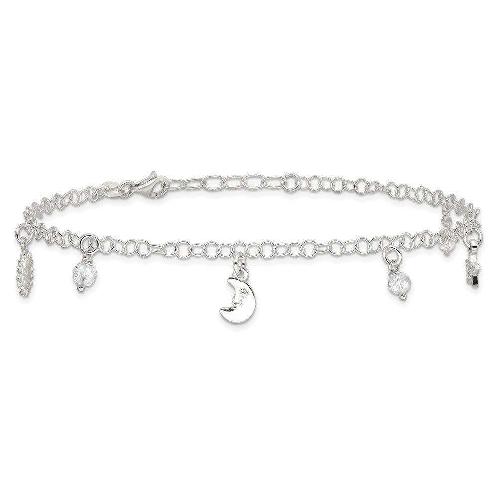 Sterling Silver Polished Sun Moon and Stars 9in Plus 1in Ext. Anklet 9 inches