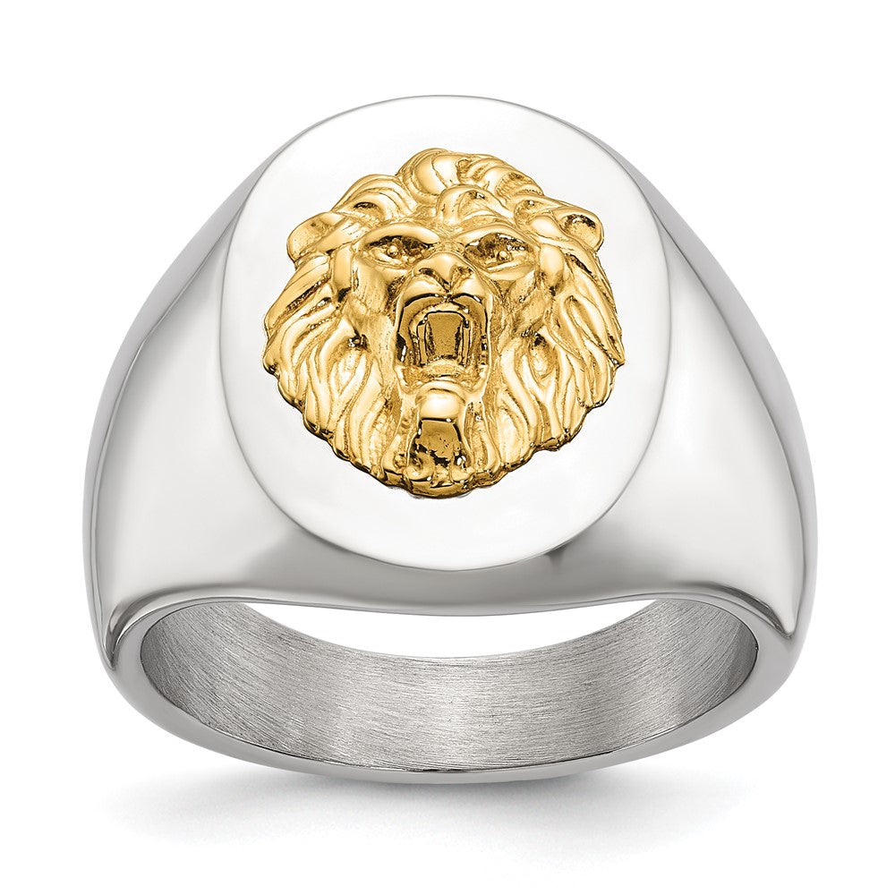 Chisel Stainless Steel Polished with 14K Gold Accent Lion Head Signet Ring Size - 9