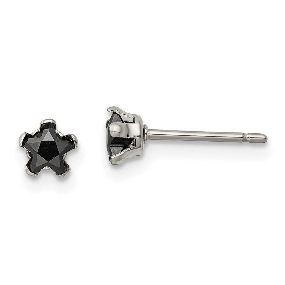 Stainless Steel Polished 4mm Black Star CZ Stud Post Earrings