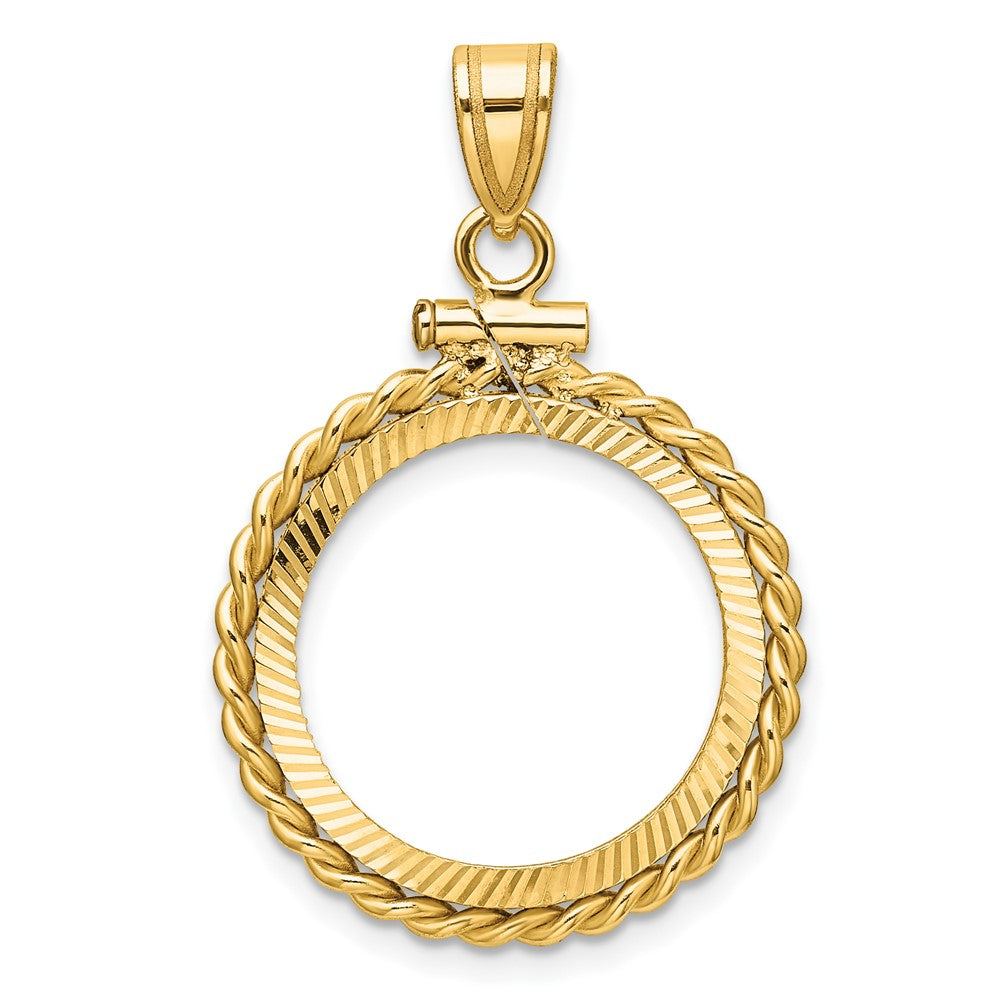 Wideband Distinguished Coin Jewelry 14k Polished Twisted Wire and Diamond-cut 17.8mm x 1.35mm Screw Top Coin Bezel Pendant