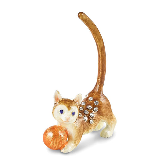 Luxury Giftware by Jere Pewter Bejeweled Crystals Silver-tone Enameled SASAFRAS Cat with Ball of Yarn Ring Holder