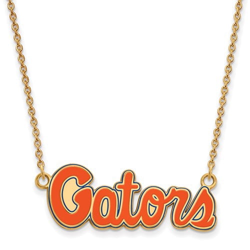 Sterling Silver Gold-plated LogoArt University of Florida Gators Script Small Enameled Pendant 18 inch Necklace Q-GP080UFL-18