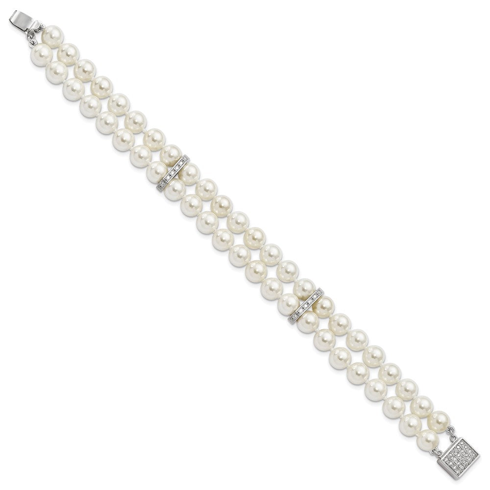 Majestik Sterling Silver Rhodium-plated 7-8mm White Imitation Shell Pearl and CZ Hand-knotted Bracelet 7.5 inches