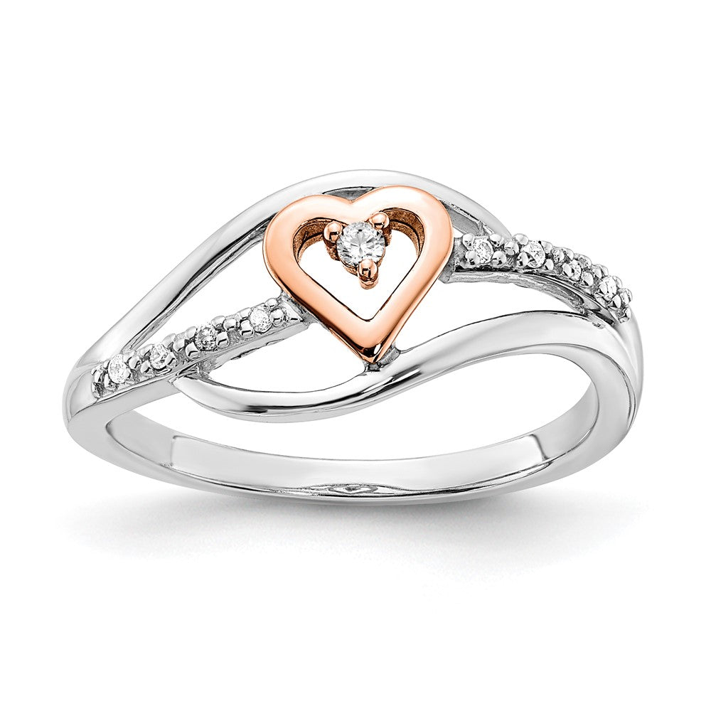 Sterling Silver w/ 10k Rose Gold Accent Polished Diamond Heart Ring