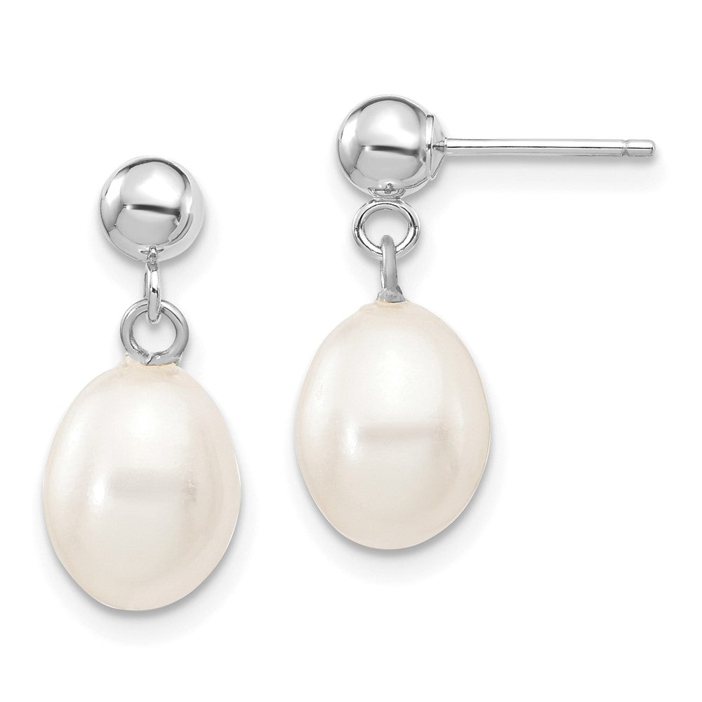 10k White Gold 7-8mm White Rice Freshwater Cultured Pearl Dangle Post Earrings
