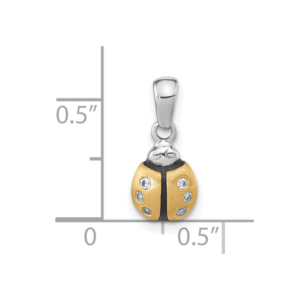 Sterling Silver RH-plate Gold-plated CZ Enameled Brushed Lady Bug Pendant