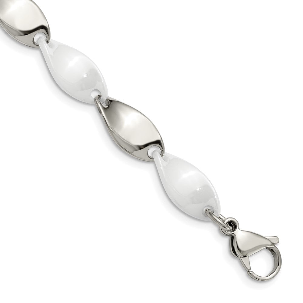 Stainless Steel Polished w/White Ceramic 7.75in Bracelet 7.25 inches