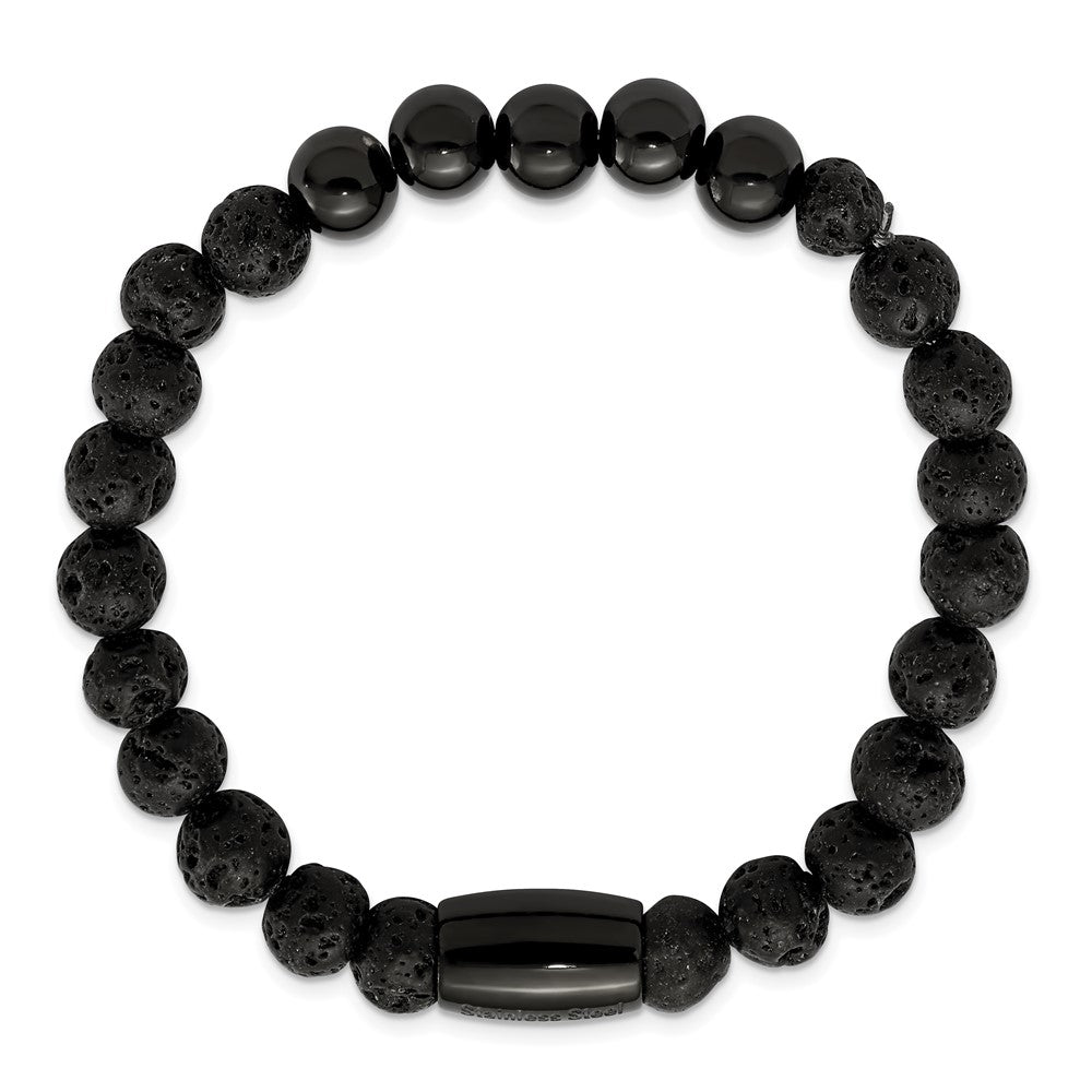 Stainless Steel Polished Black IP-plated Lava Stone Stretch Bracelet
