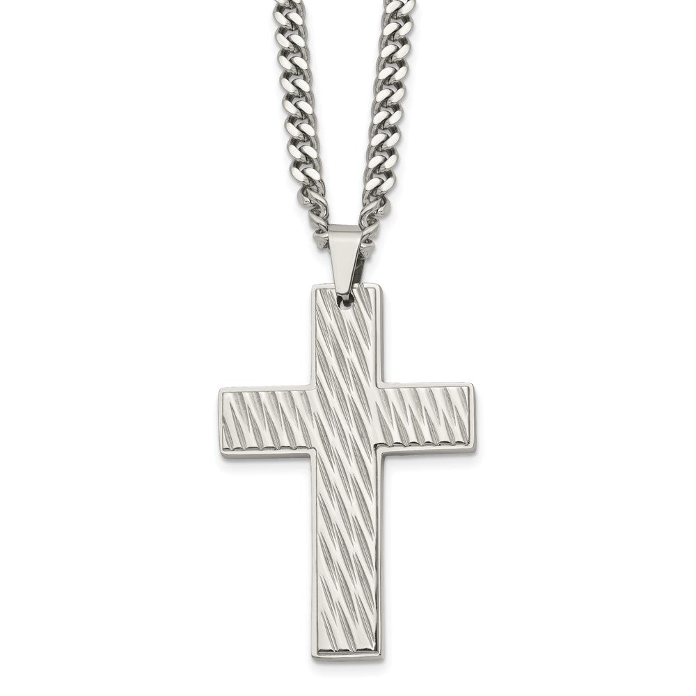 Stainless Steel Polished and Textured Cross 24in Necklace