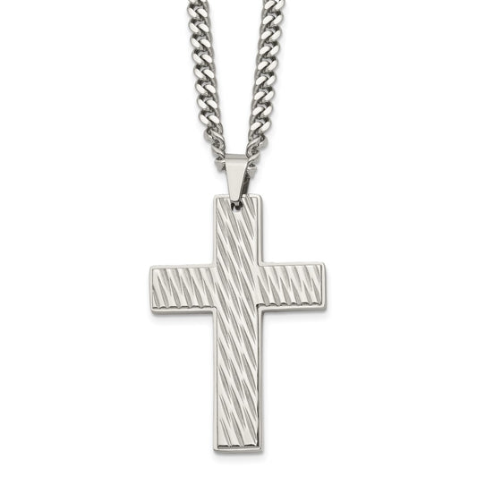 Stainless Steel Polished and Textured Cross 24in Necklace