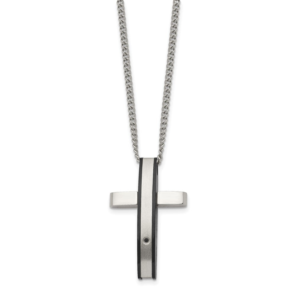 Stainless Steel Polished Black IP-plated .01ct Diamond Cross Necklace